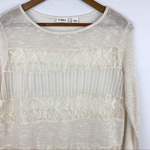 Cato Sheer Knit & Lace Stripe Long Sleeve Sweater